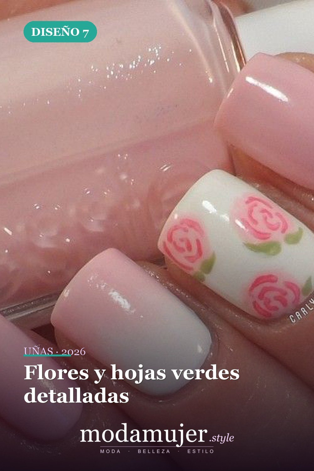 Flores y hojas verdes detalladas — 23 tips y diseños de uñas primaverales para niñas