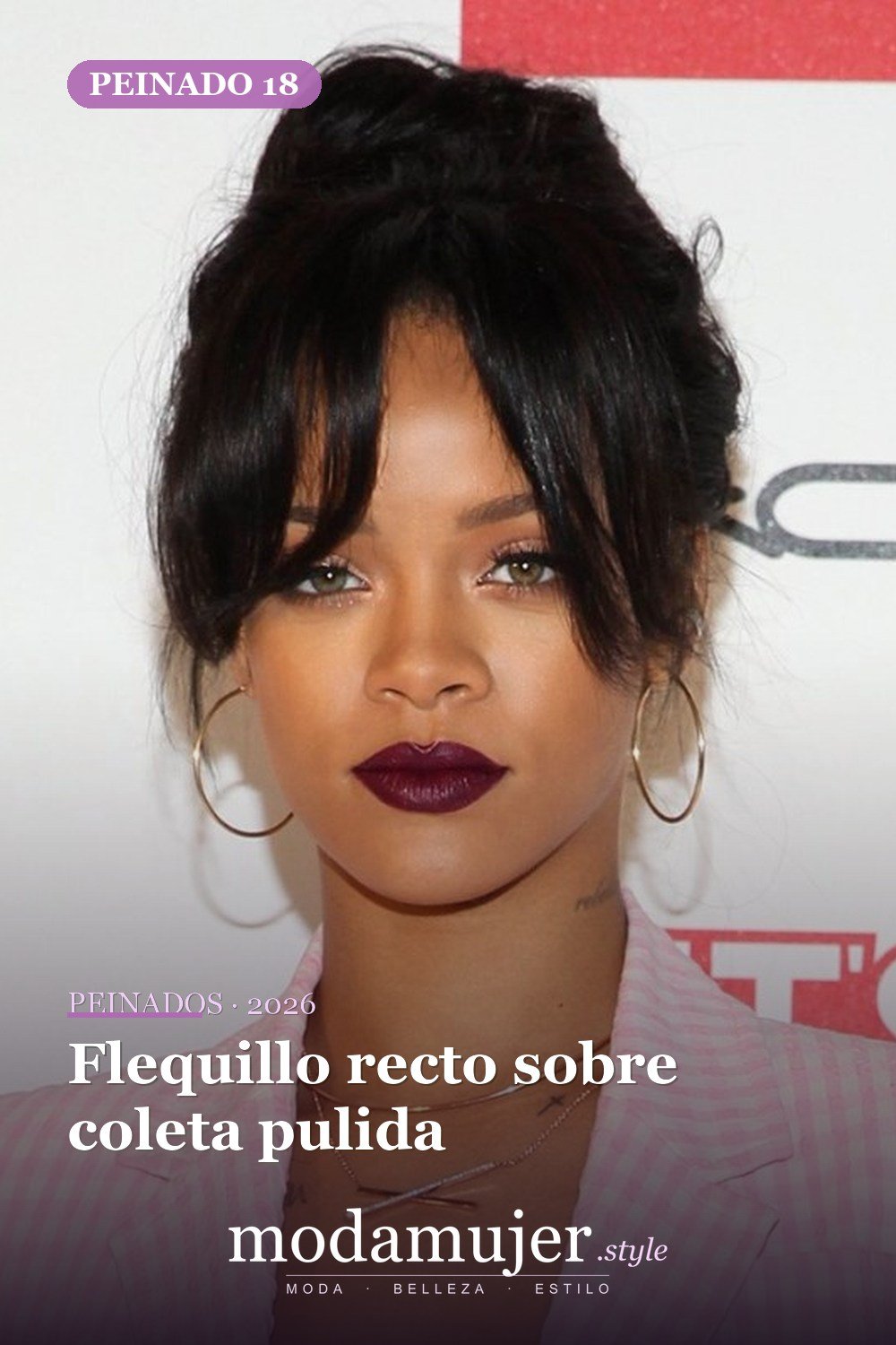 Flequillo recto sobre coleta pulida — 24 cortes de pelo de moda para mujeres con flequillo para probar