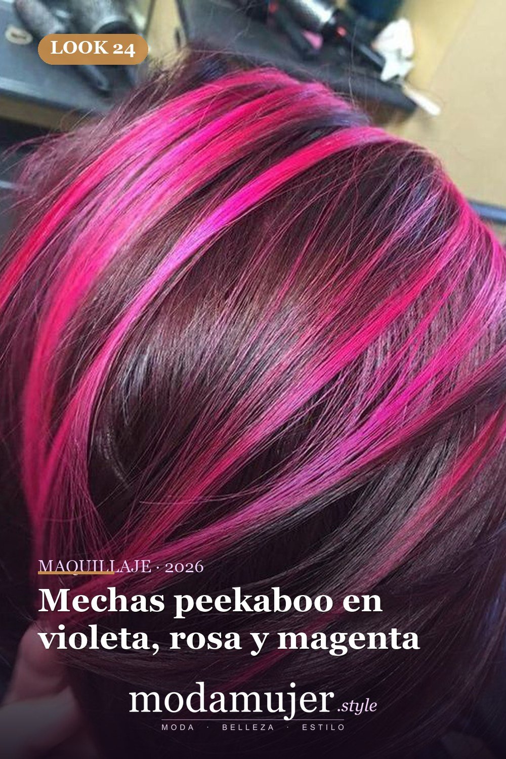 Mechas peekaboo en violeta, rosa y magenta — 25 ideas de cabello magenta para destacar