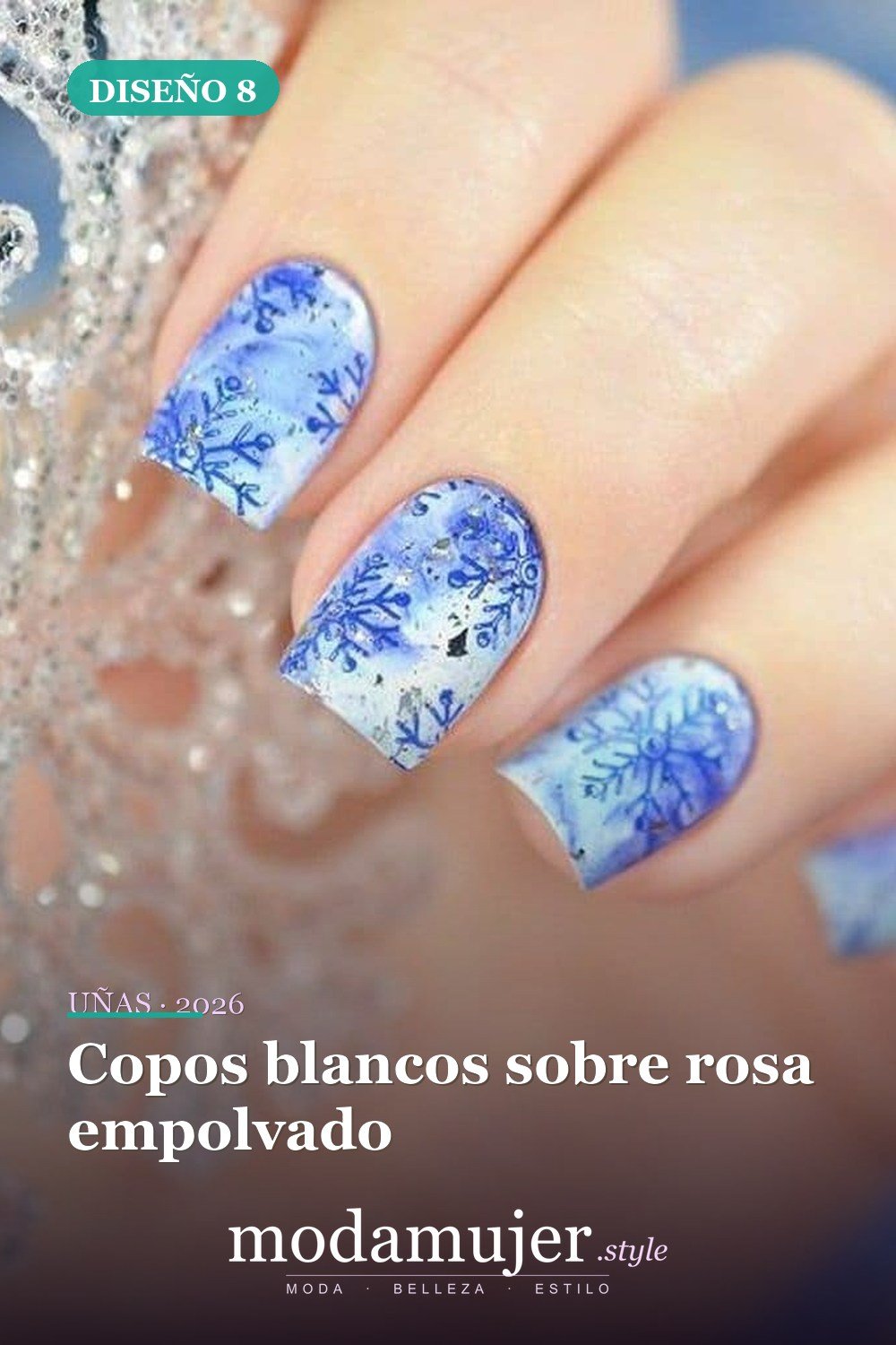 Copos blancos sobre rosa empolvado — 25 increíbles colores de uñas de invierno que combinan con la nieve