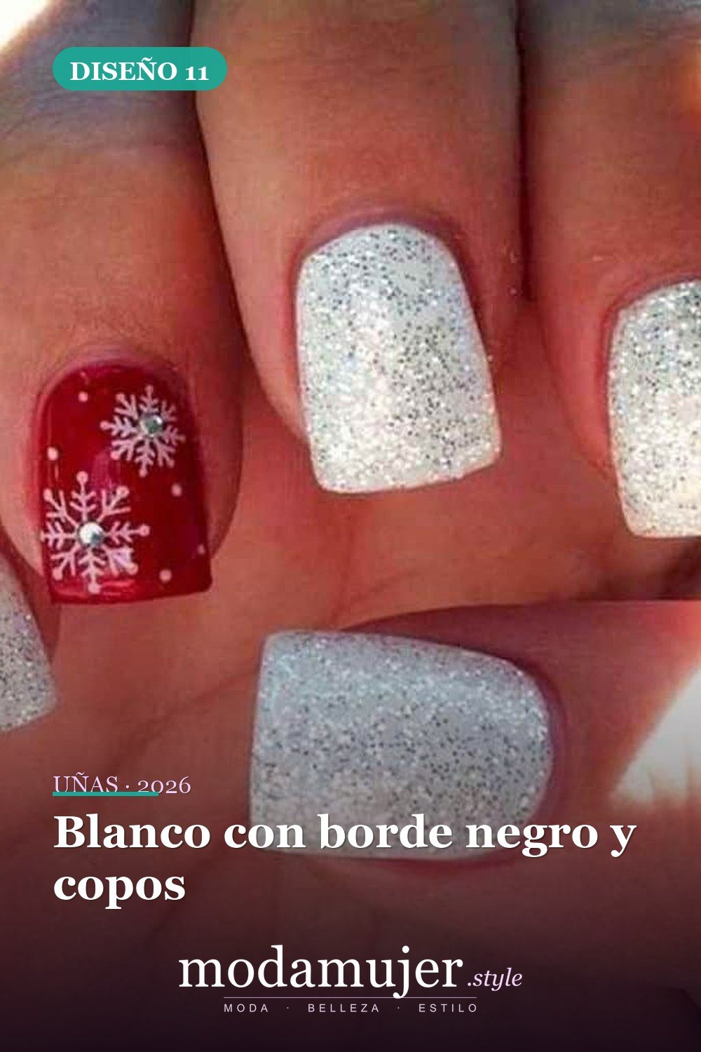 Blanco con borde negro y copos — 25 increíbles colores de uñas de invierno que combinan con la nieve