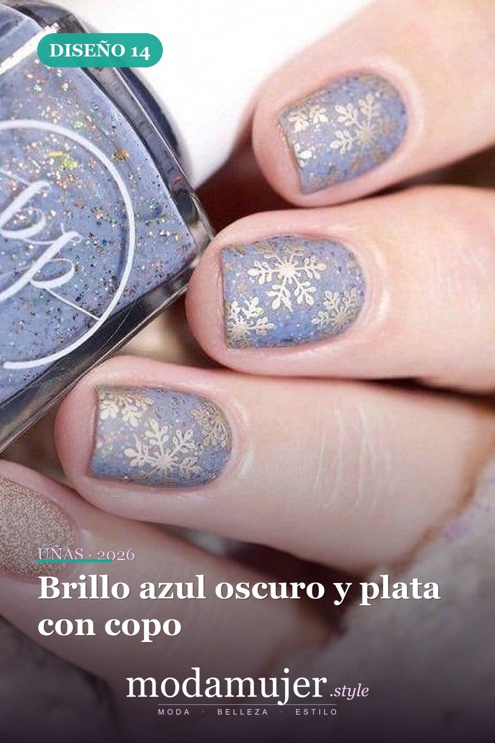 Brillo azul oscuro y plata con copo — 25 increíbles colores de uñas de invierno que combinan con la nieve