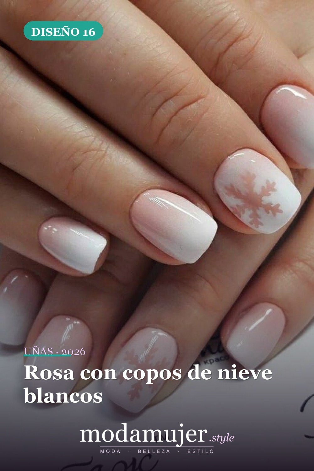 Rosa con copos de nieve blancos — 25 increíbles colores de uñas de invierno que combinan con la nieve