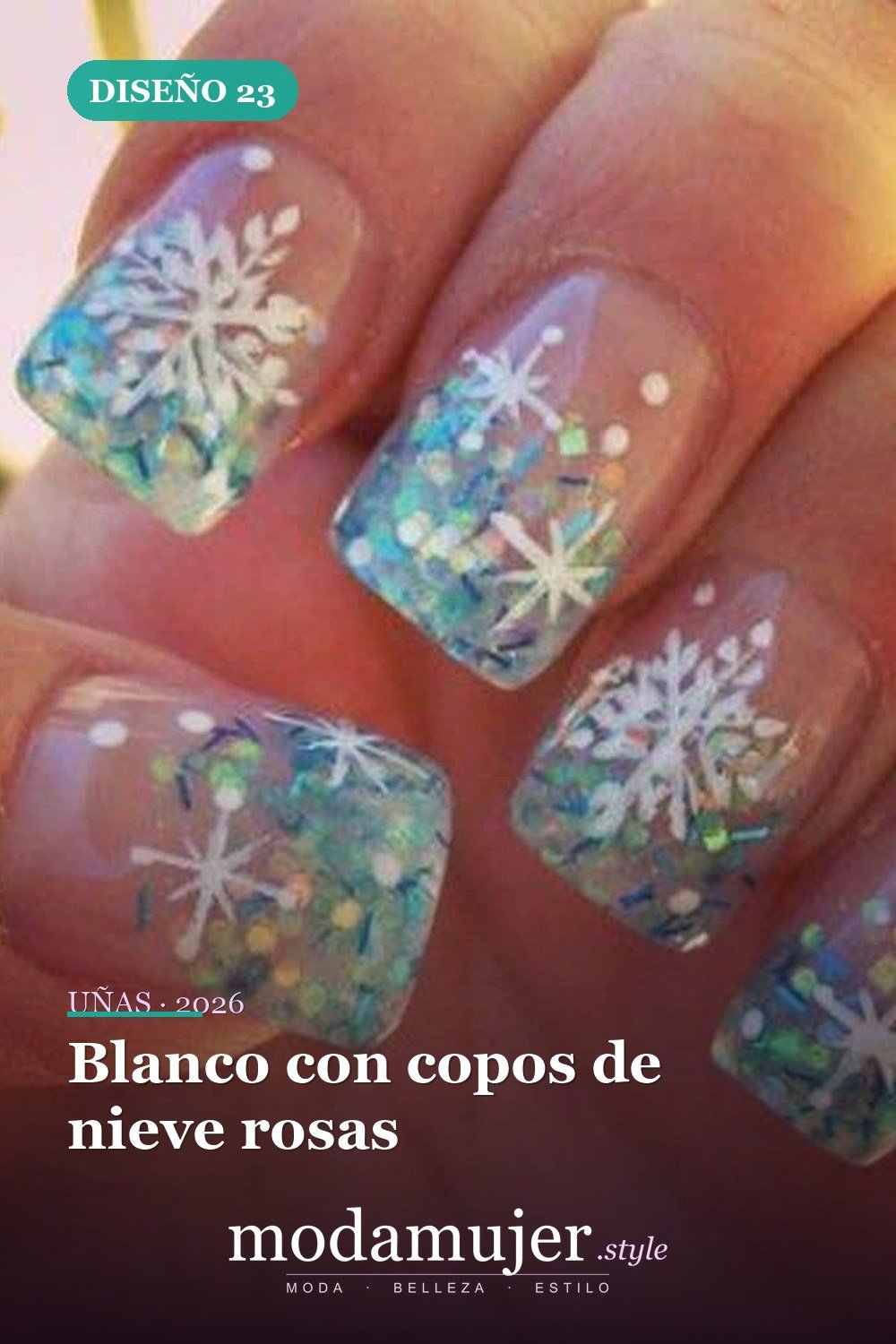 Blanco con copos de nieve rosas — 25 increíbles colores de uñas de invierno que combinan con la nieve