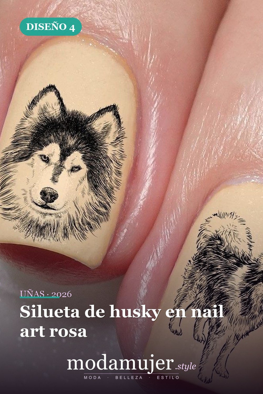 Silueta de husky en nail art rosa — 25 Increíbles Diseños de Uñas Husky para el Invierno