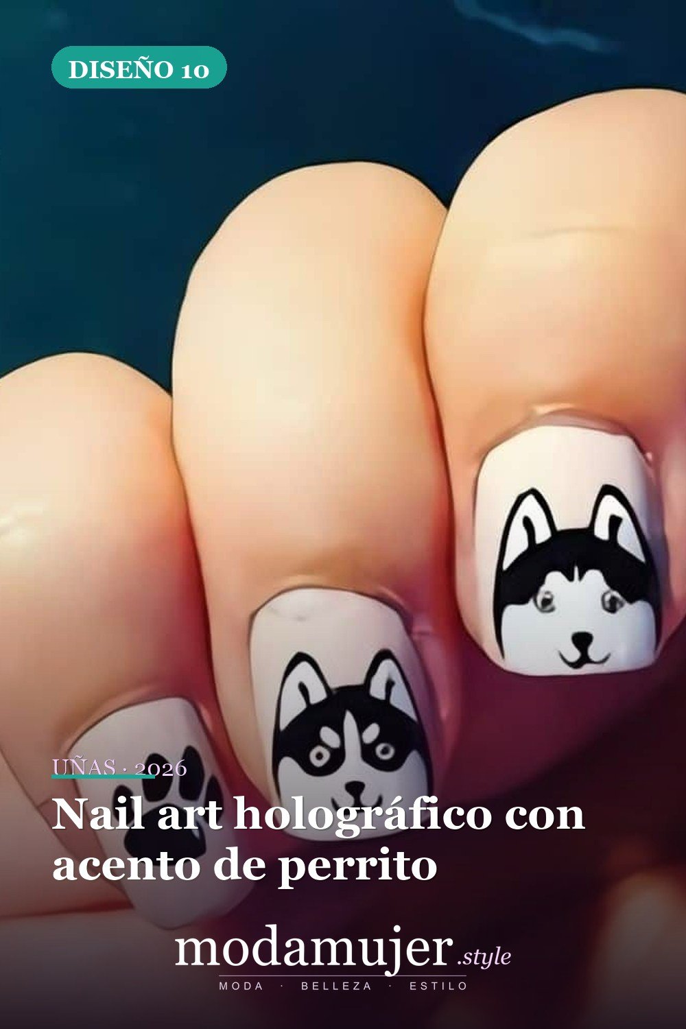 Nail art holográfico con acento de perrito — 25 Increíbles Diseños de Uñas Husky para el Invierno
