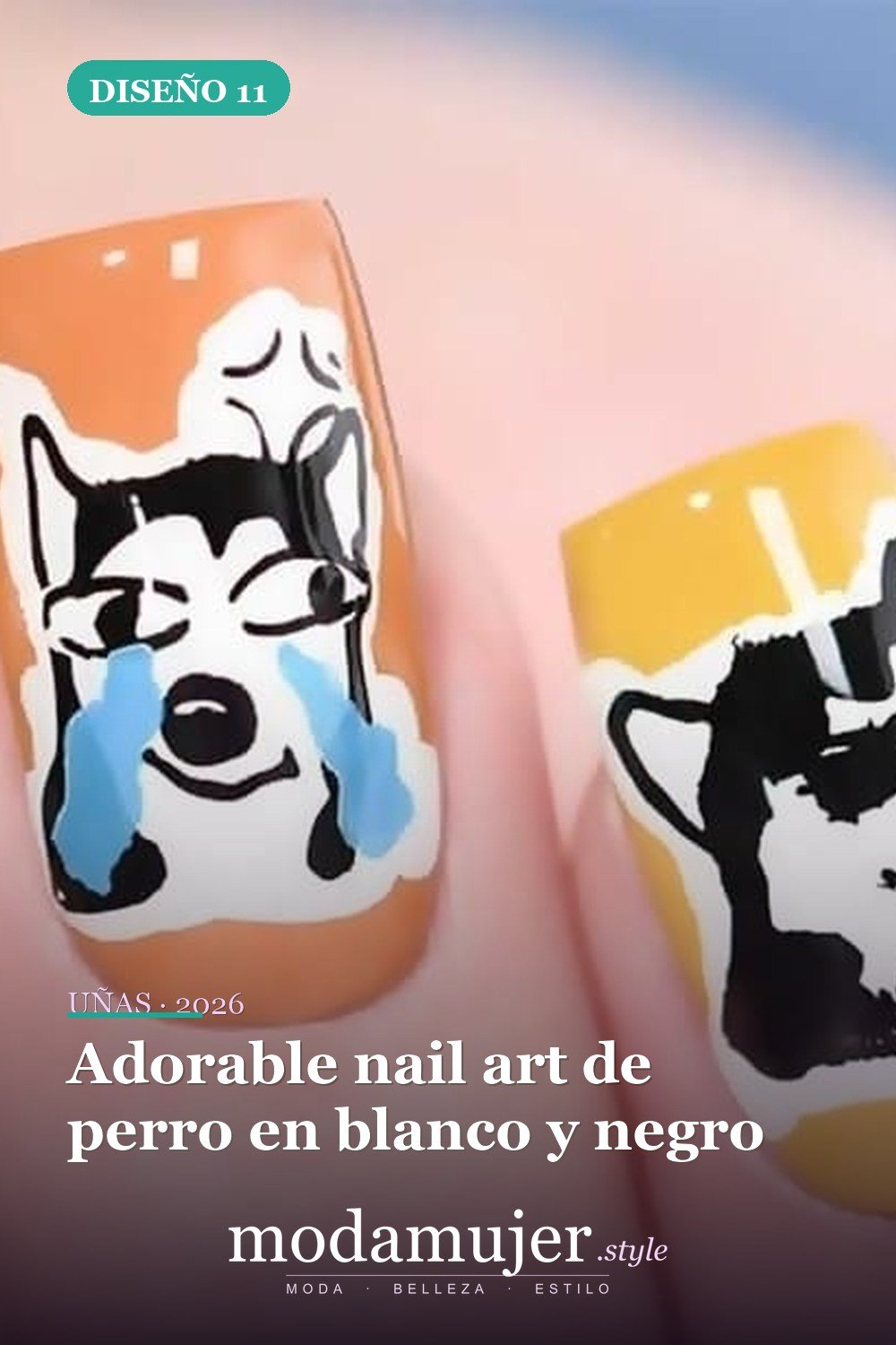 Adorable nail art de perro en blanco y negro — 25 Increíbles Diseños de Uñas Husky para el Invierno