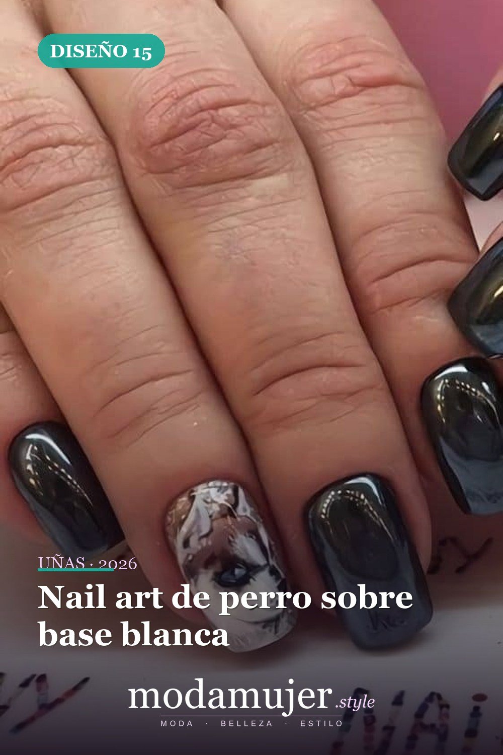 Nail art de perro sobre base blanca — 25 Increíbles Diseños de Uñas Husky para el Invierno