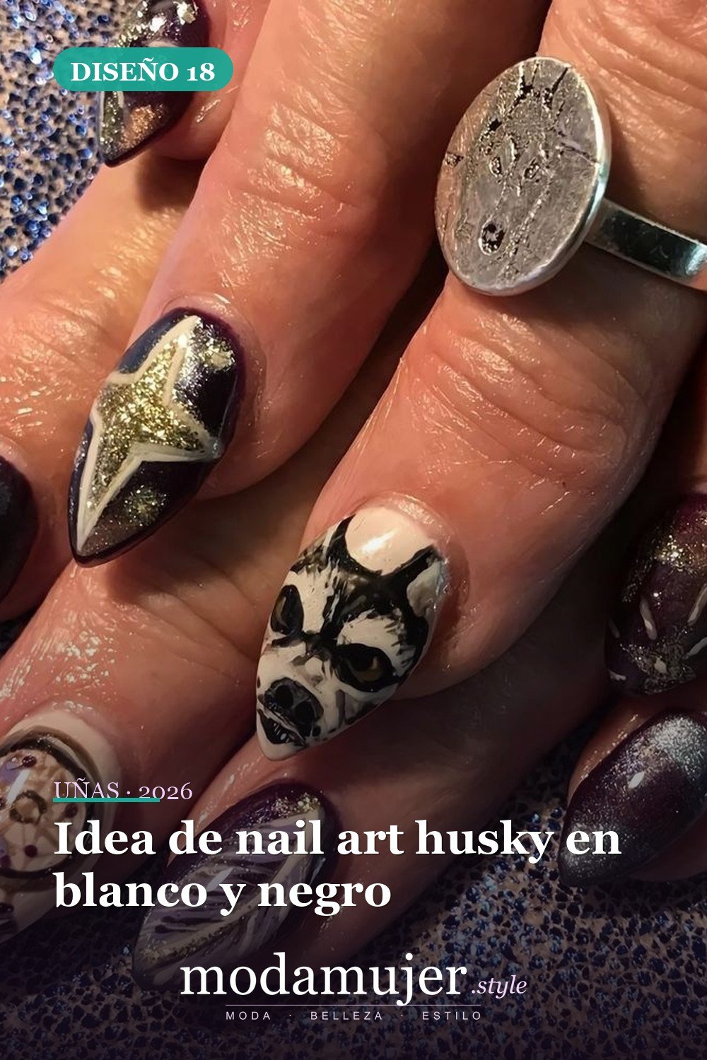 Idea de nail art husky en blanco y negro — 25 Increíbles Diseños de Uñas Husky para el Invierno