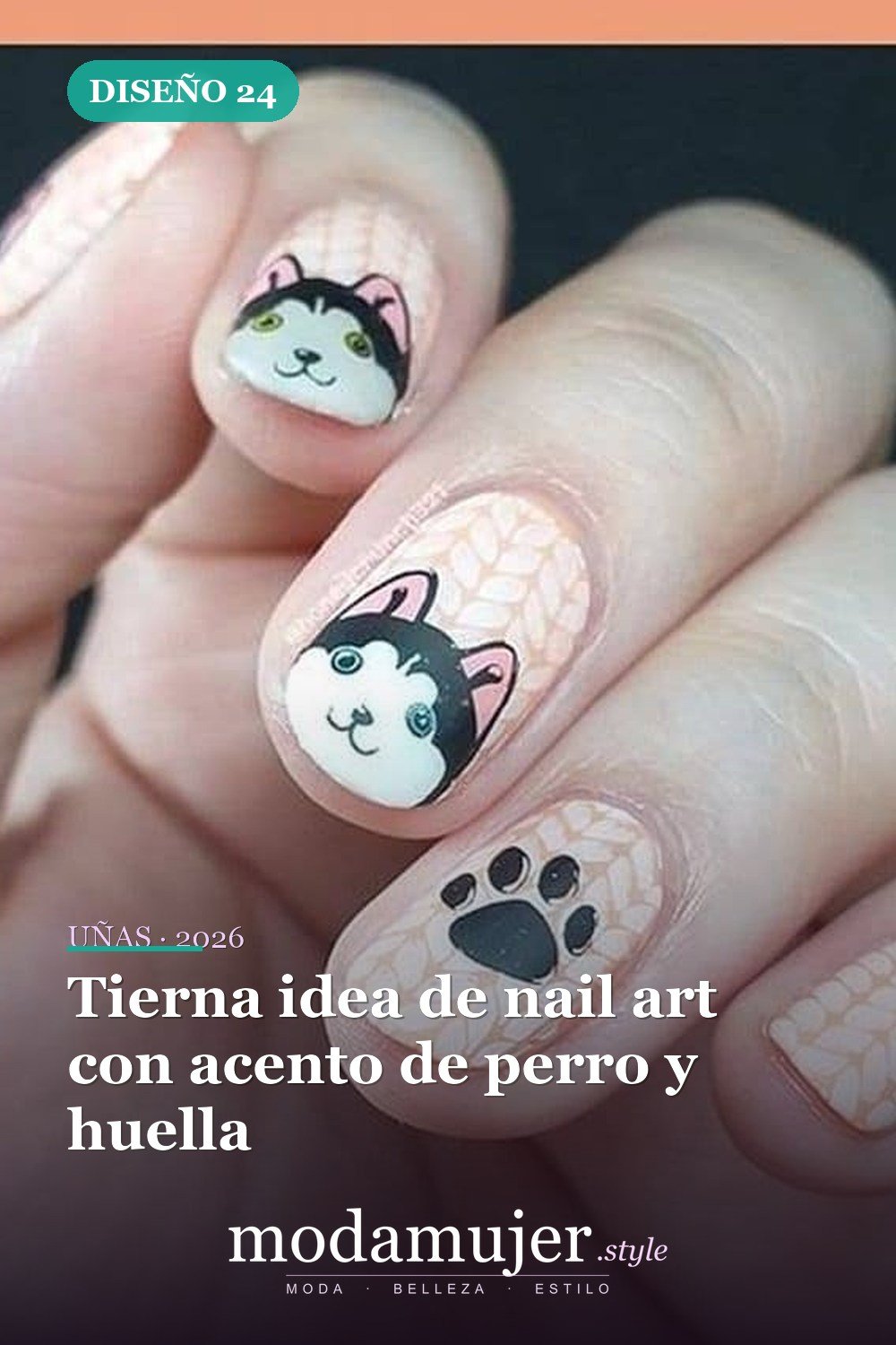 Tierna idea de nail art con acento de perro y huella — 25 Increíbles Diseños de Uñas Husky para el Invierno