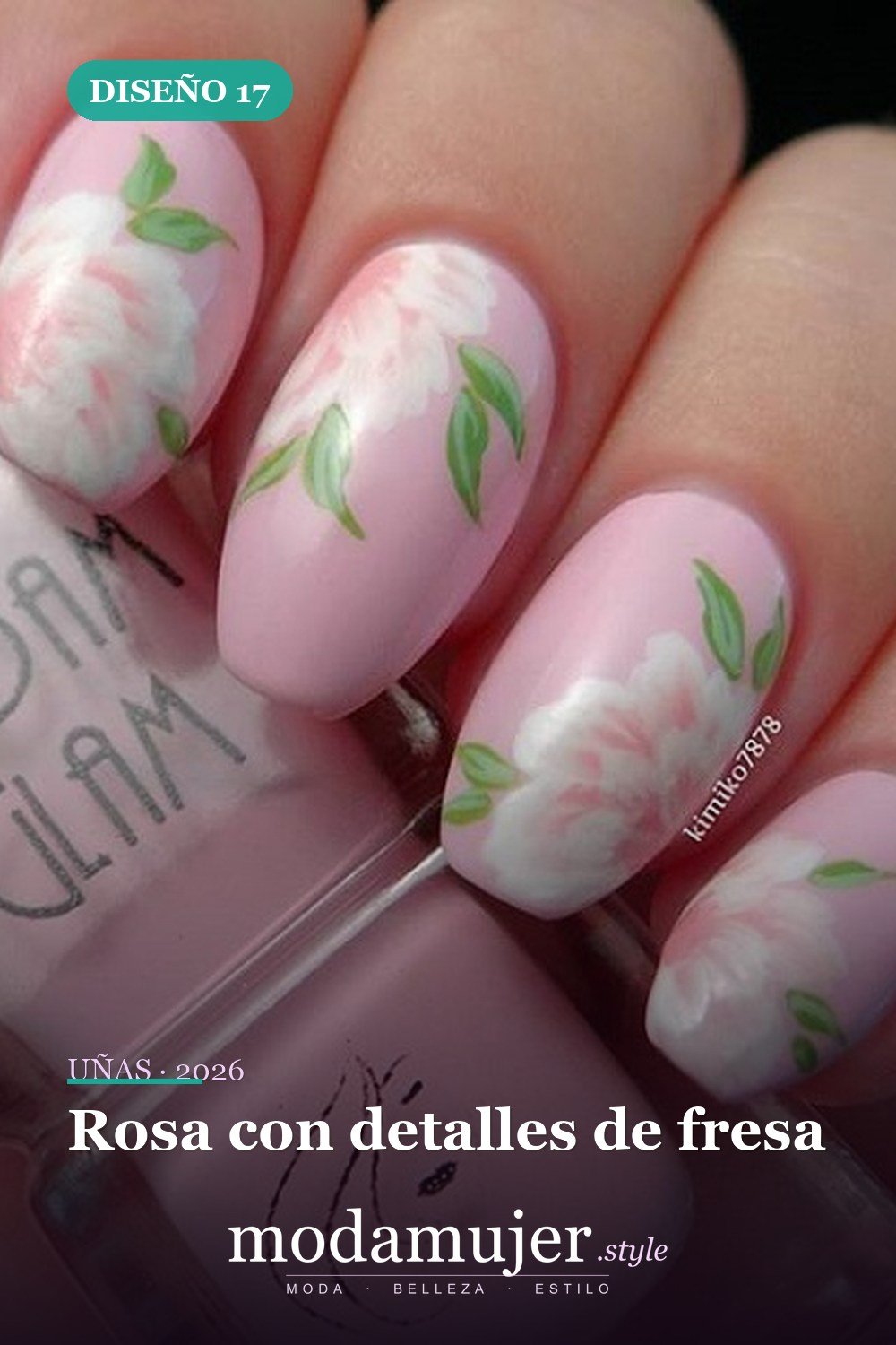 Rosa con detalles de fresa — 25 lindos diseños de uñas rosas para niñas