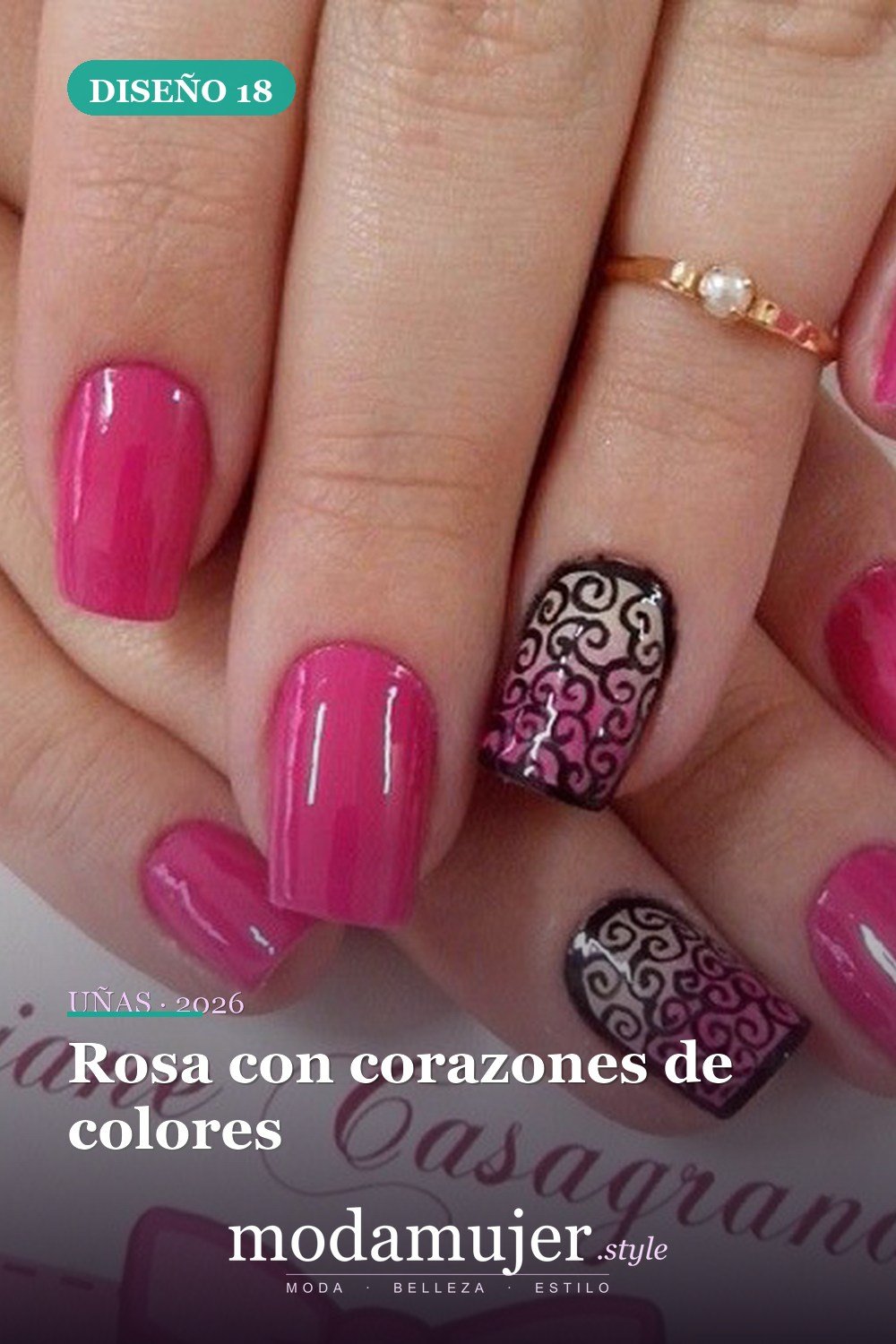 Rosa con corazones de colores — 25 lindos diseños de uñas rosas para niñas