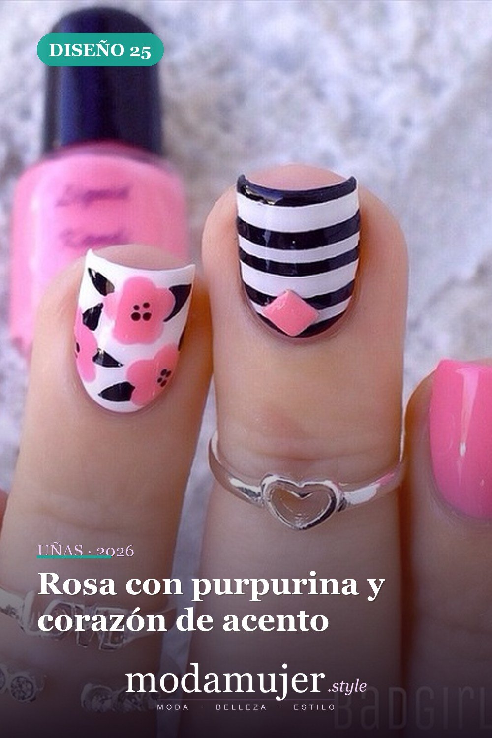 Rosa con purpurina y corazón de acento — 25 lindos diseños de uñas rosas para niñas