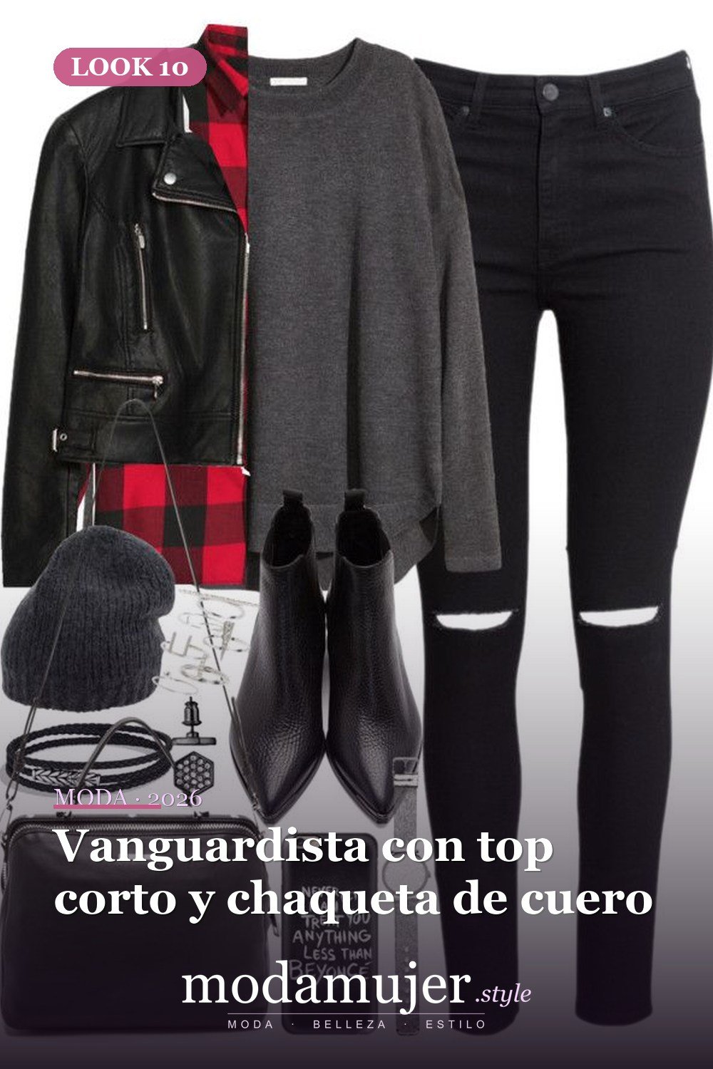 Vanguardista con top corto y chaqueta de cuero — 27 ideas elegantes para vestir con jeans negros