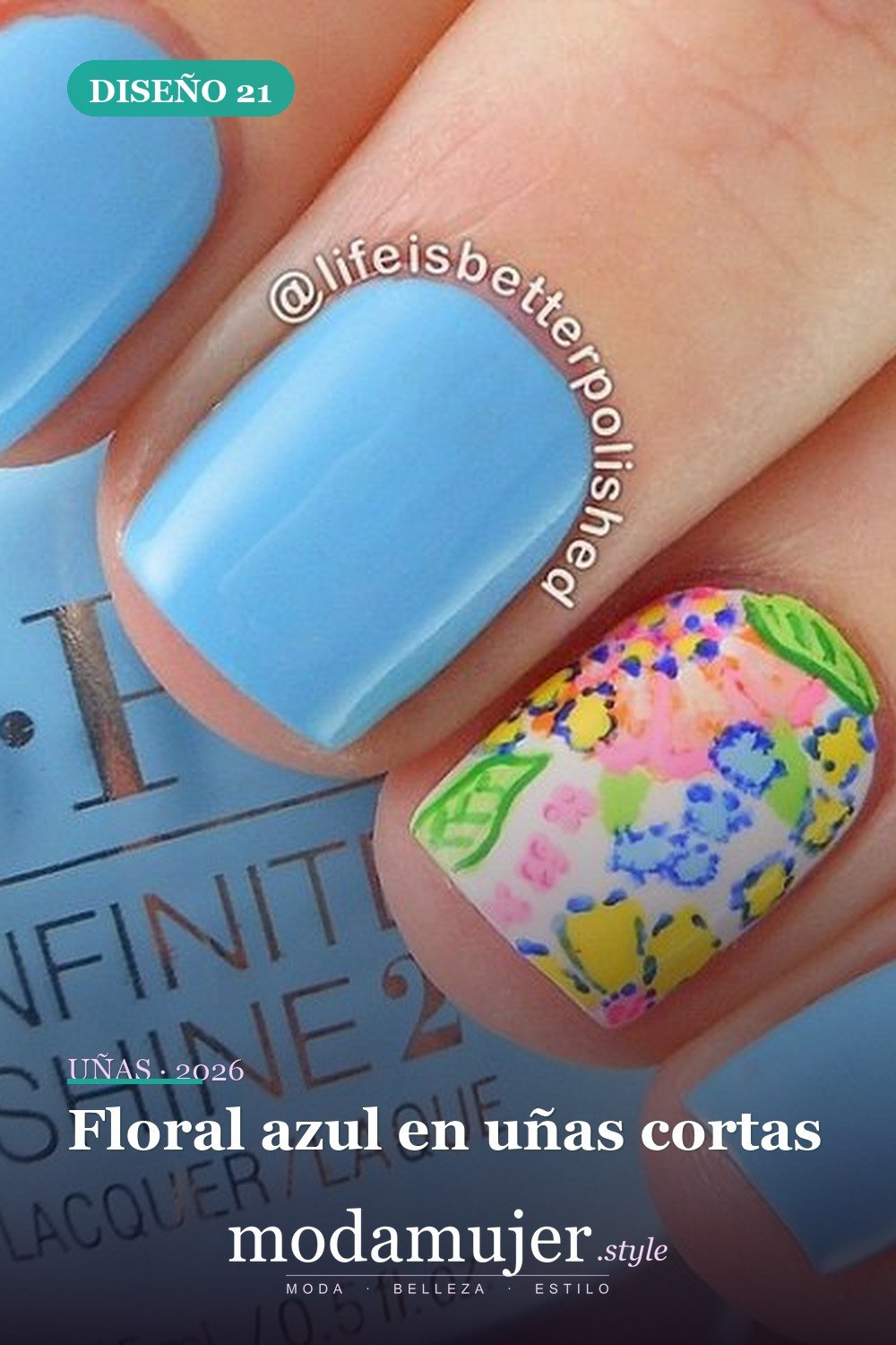 Floral azul en uñas cortas — 29 Adorables Diseños de Uñas Azules para 2026