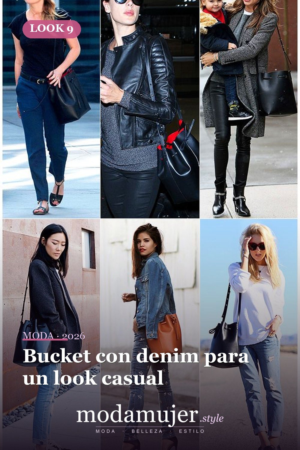 Bucket con denim para un look casual — 29 ideas de atuendos de bolsos tipo cubo que toda chica debe probar