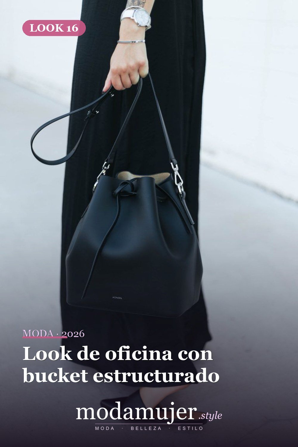 Look de oficina con bucket estructurado — 29 ideas de atuendos de bolsos tipo cubo que toda chica debe probar