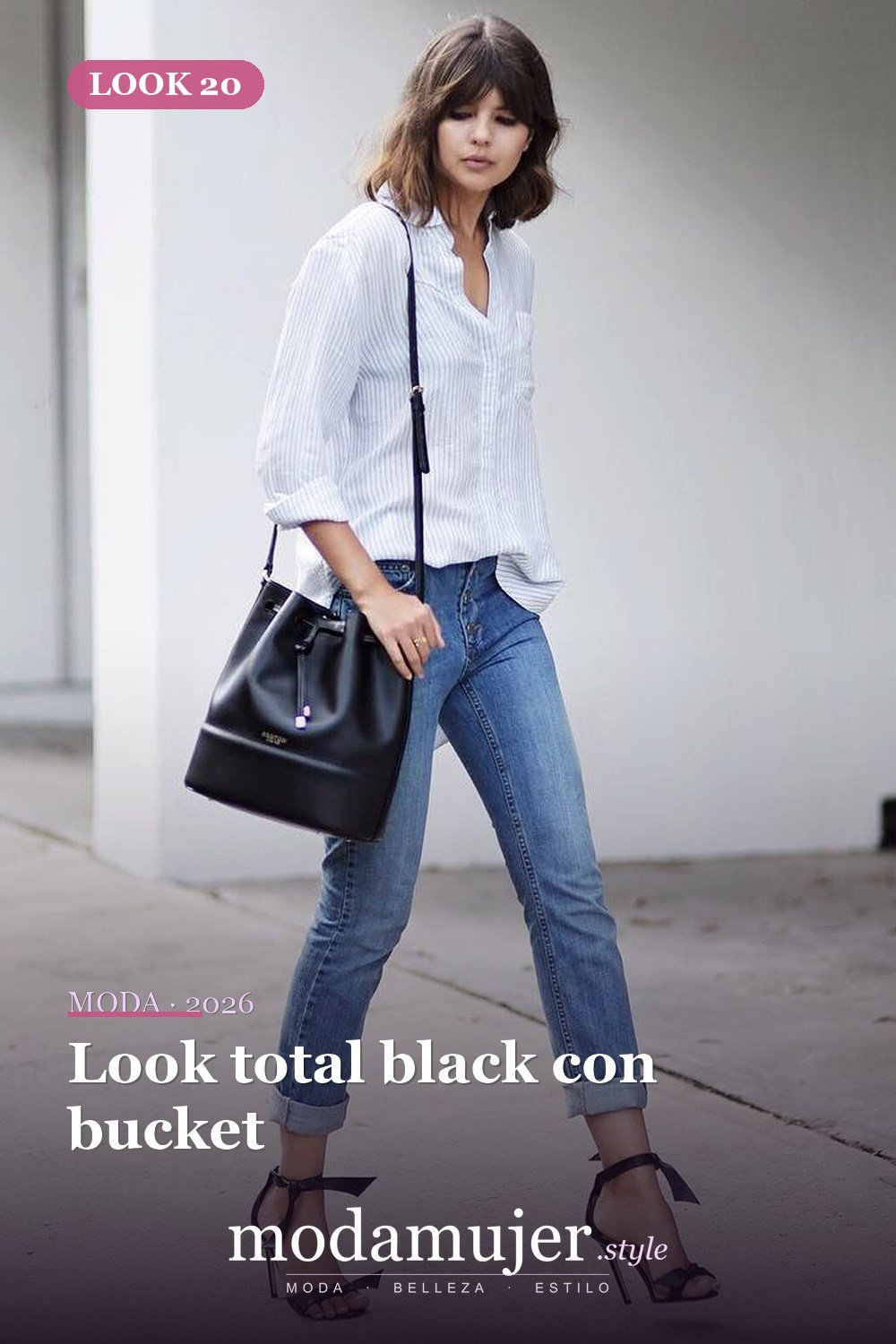 Look total black con bucket — 29 ideas de atuendos de bolsos tipo cubo que toda chica debe probar