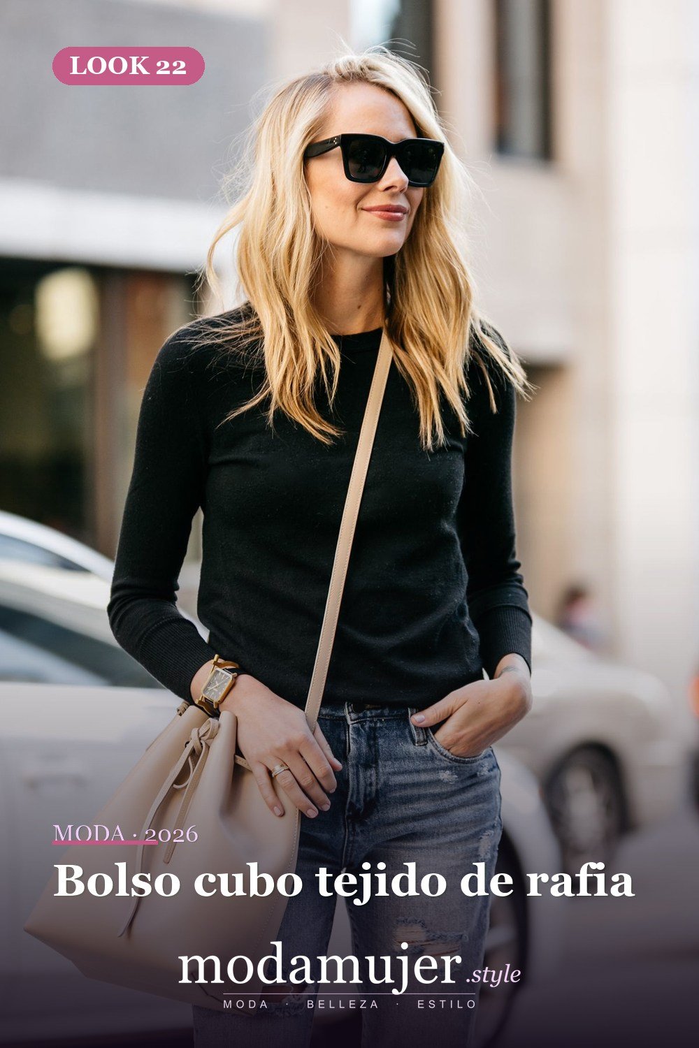 Bolso cubo tejido de rafia — 29 ideas de atuendos de bolsos tipo cubo que toda chica debe probar