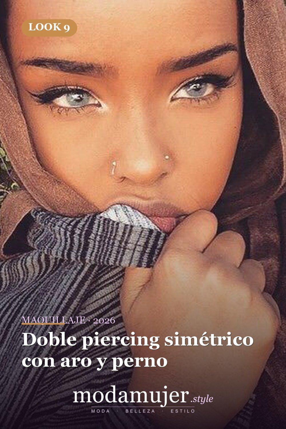 Doble piercing simétrico con aro y perno — 3 tendencias actuales de perforación y 15 ejemplos