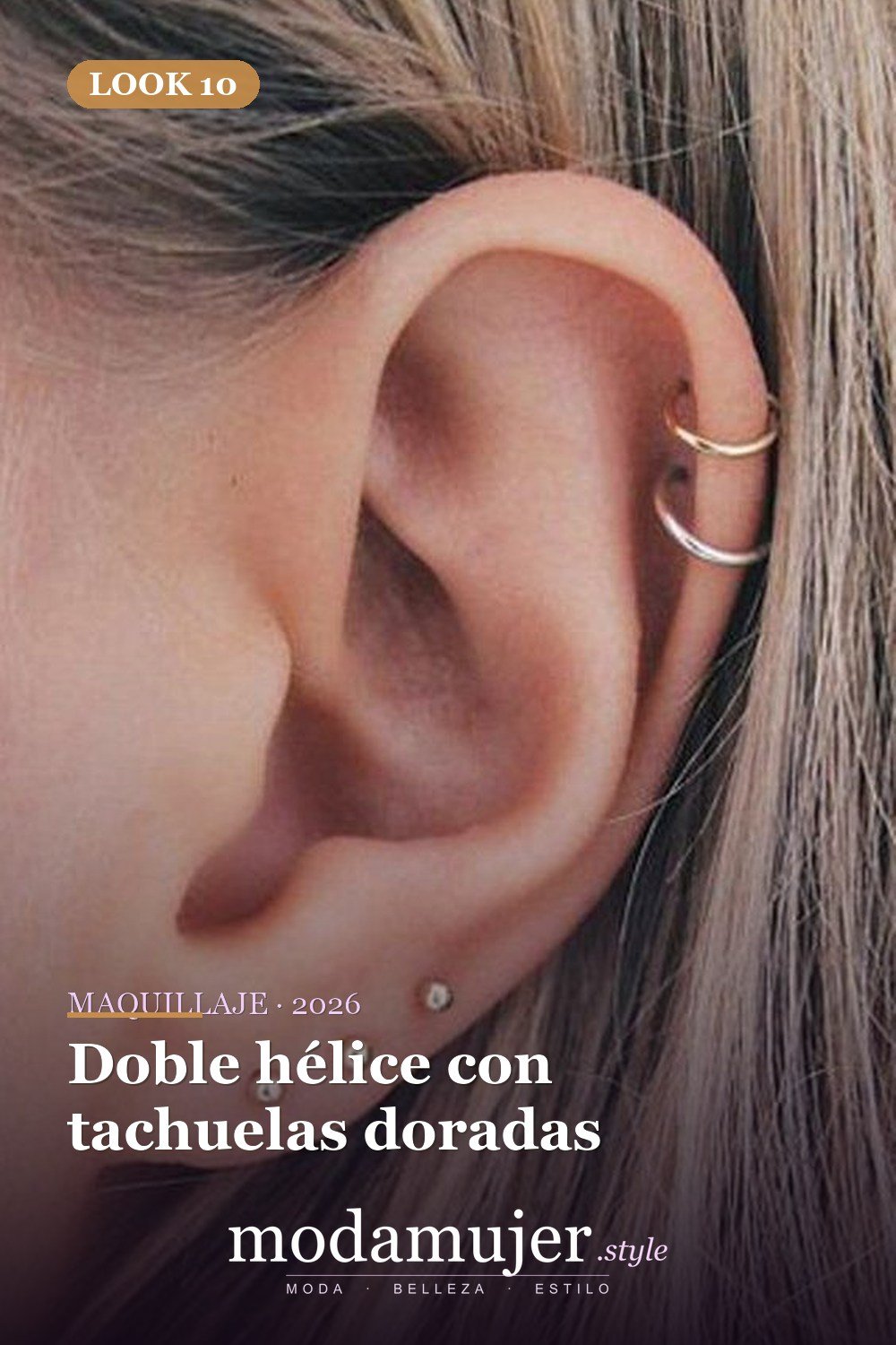 Doble hélice con tachuelas doradas — 3 tendencias actuales de perforación y 15 ejemplos
