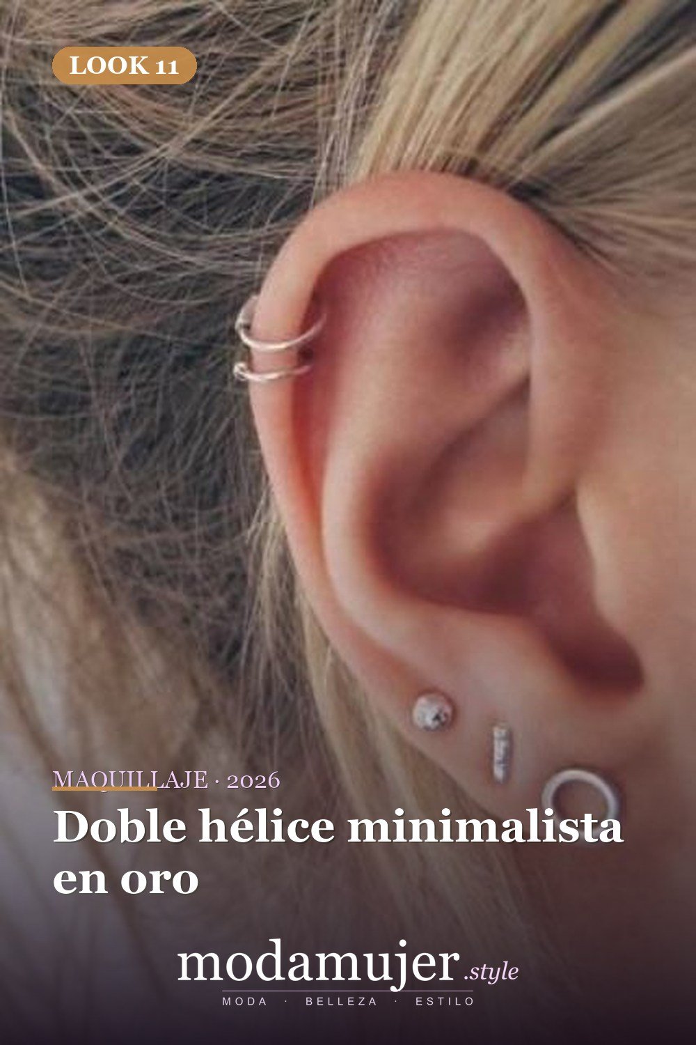 Doble hélice minimalista en oro — 3 tendencias actuales de perforación y 15 ejemplos