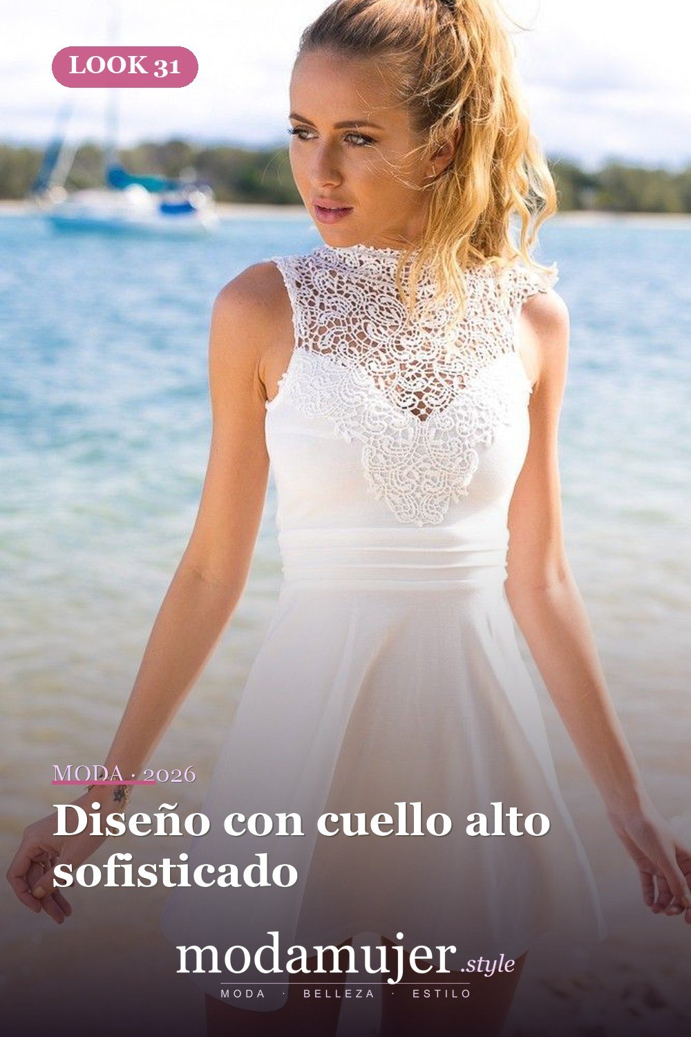Diseño con cuello alto sofisticado — 30 diseños de vestidos de graduación blancos para chicas con estilo