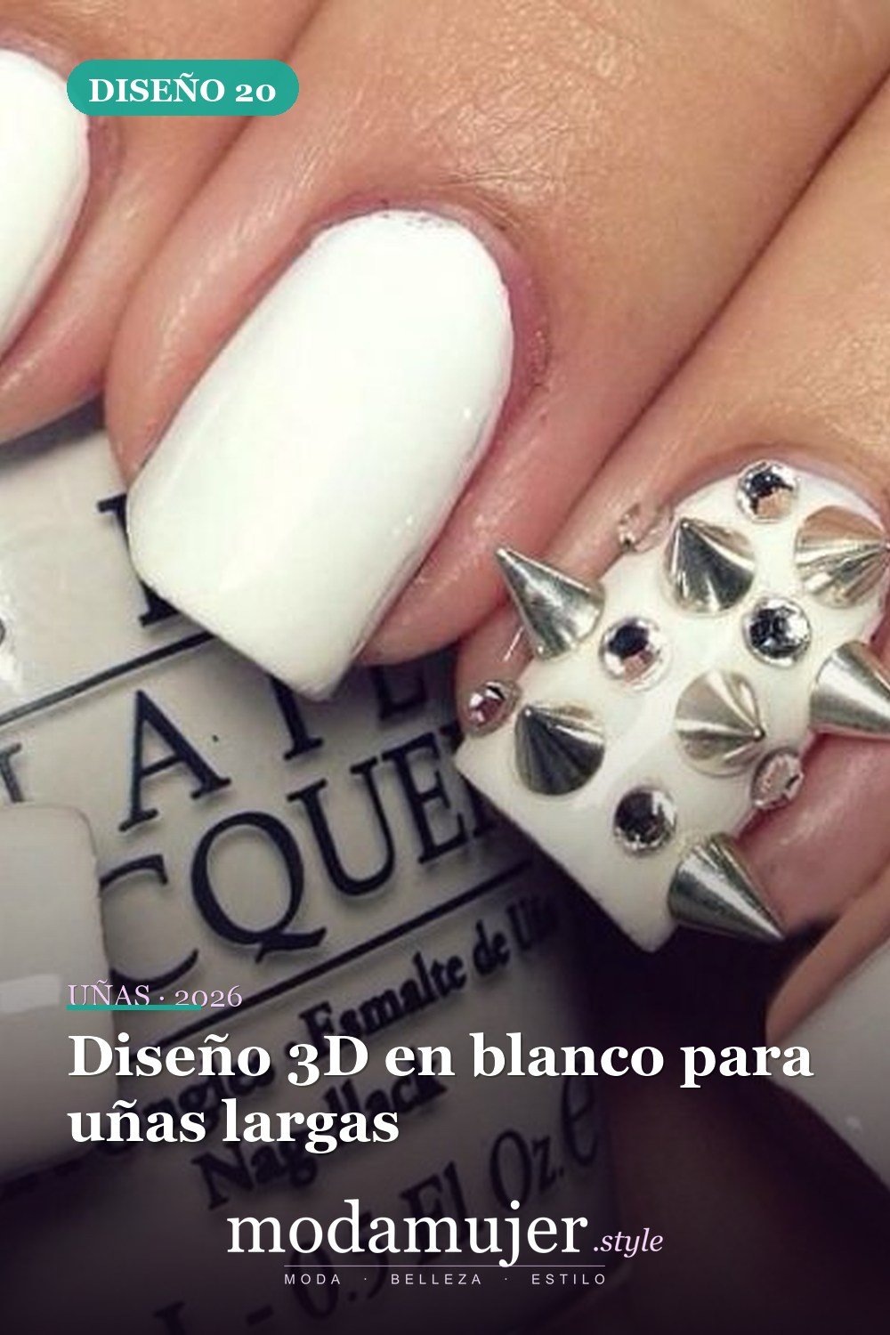 Diseño 3D en blanco para uñas largas — 30 ideas de nail art fáciles para 2026: diseños de uñas para principiantes