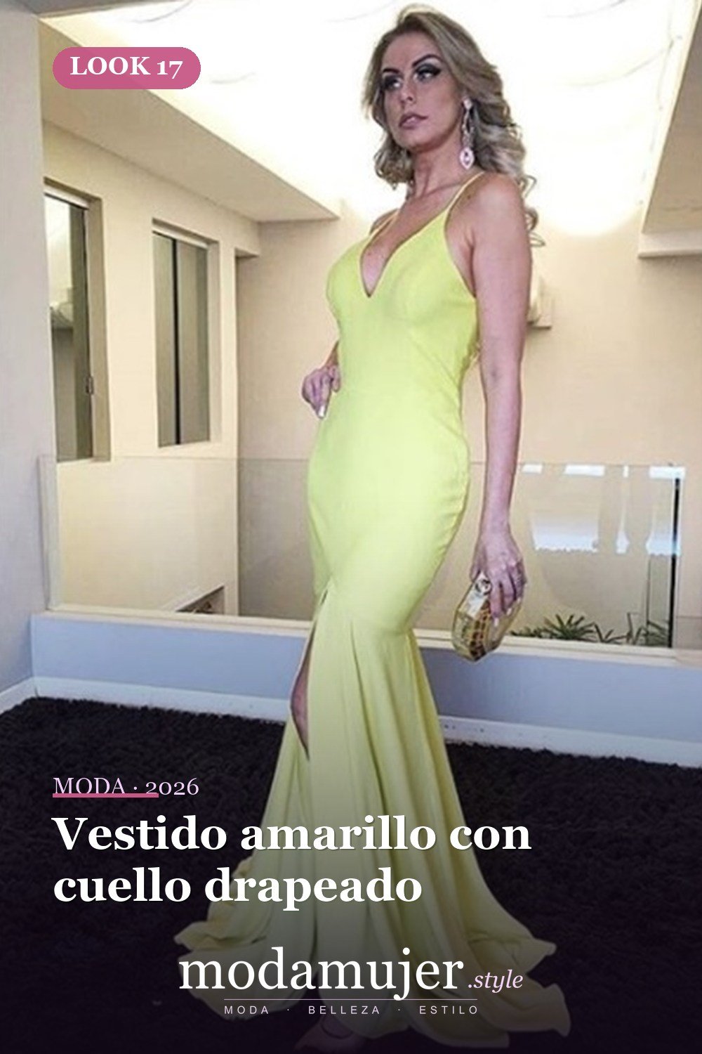 Vestido amarillo con cuello drapeado — 30 largos vestidos amarillos cómodos para esta primavera