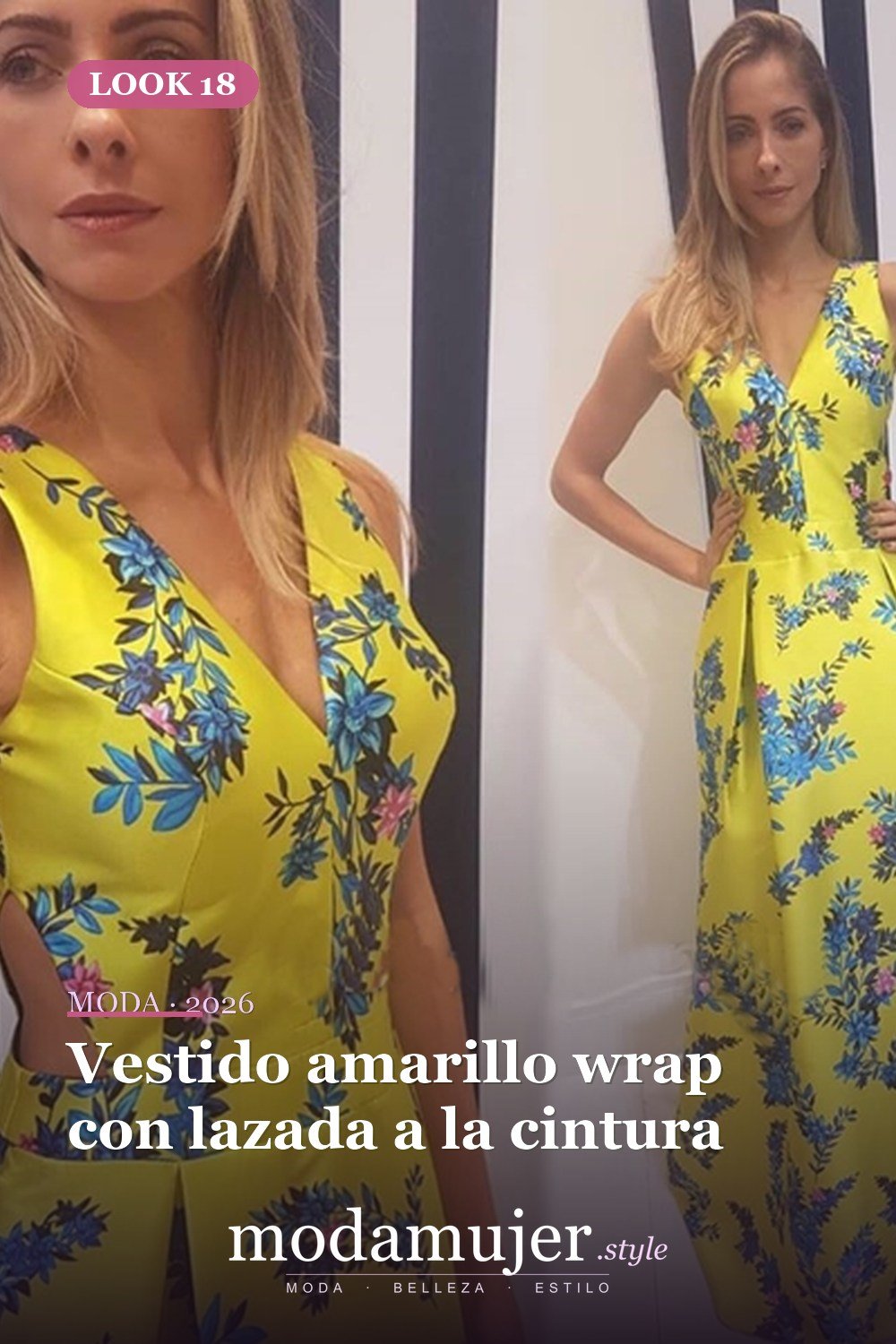 Vestido amarillo wrap con lazada a la cintura — 30 largos vestidos amarillos cómodos para esta primavera