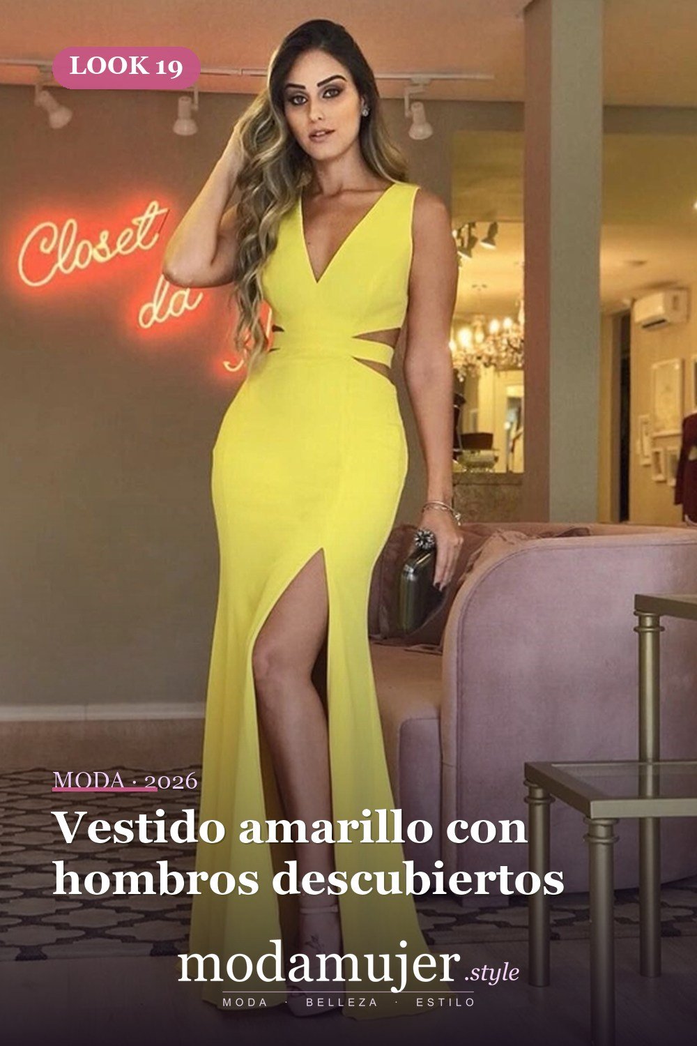 Vestido amarillo con hombros descubiertos — 30 largos vestidos amarillos cómodos para esta primavera