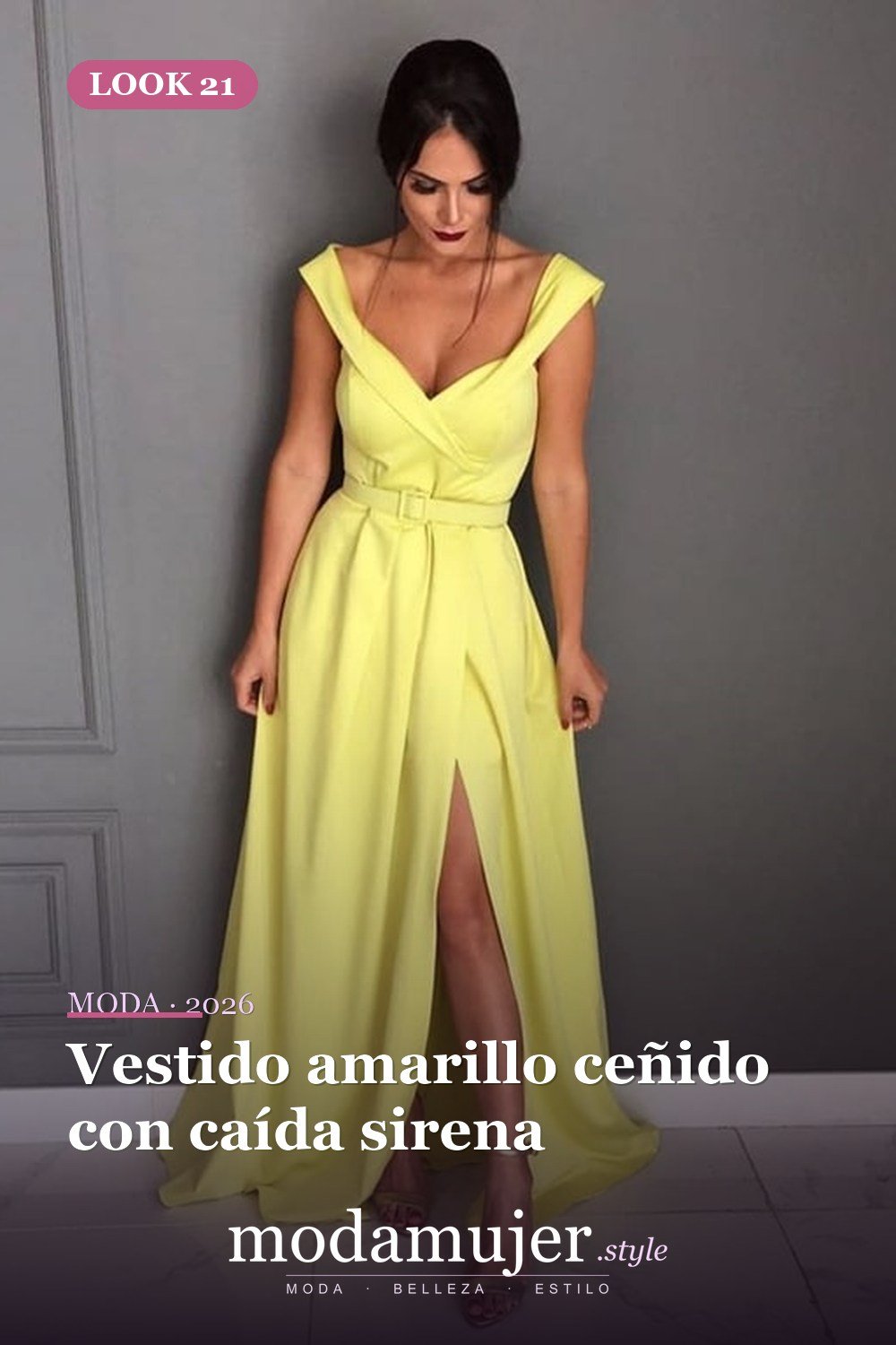 Vestido amarillo ceñido con caída sirena — 30 largos vestidos amarillos cómodos para esta primavera