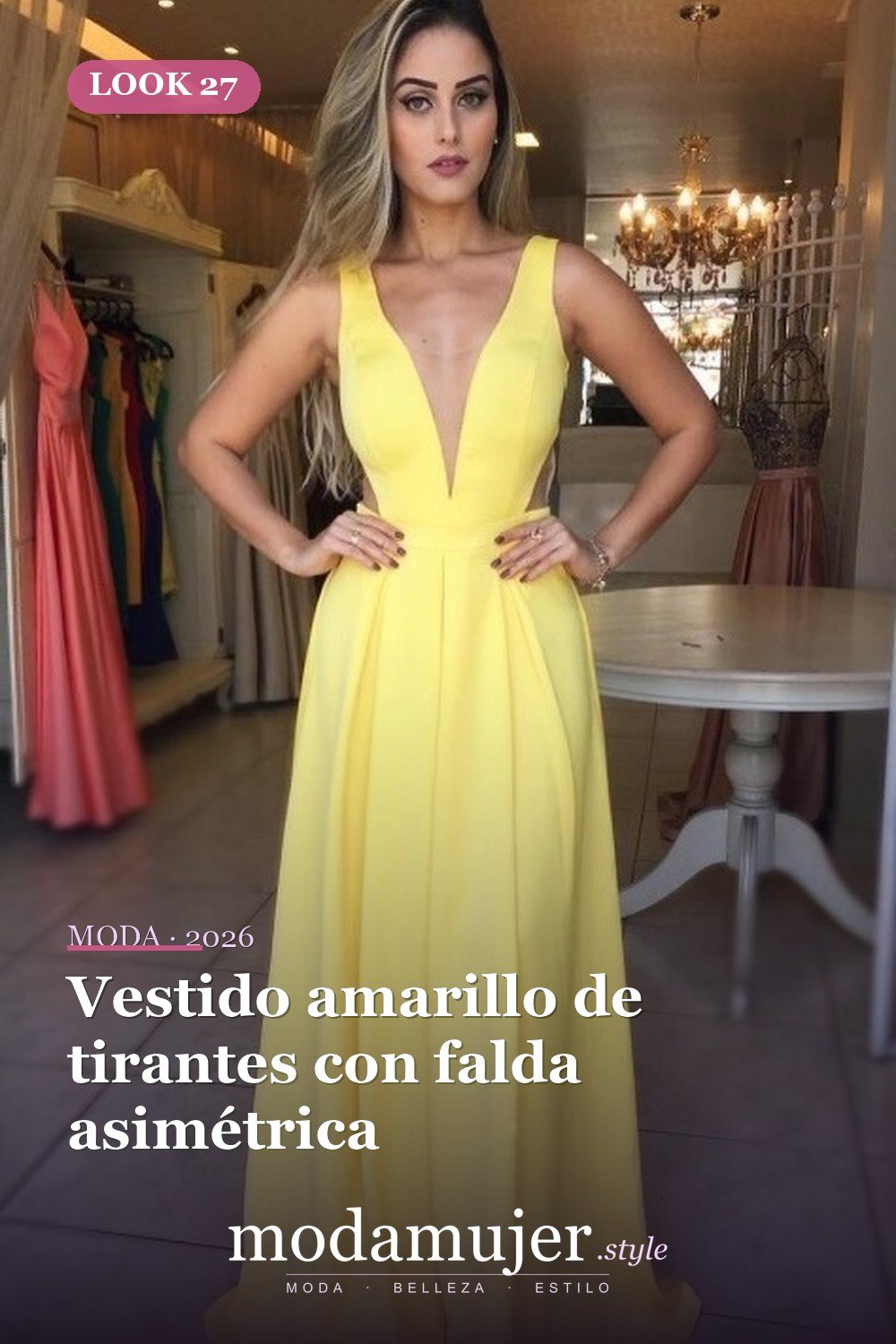 Vestido amarillo de tirantes con falda asimétrica — 30 largos vestidos amarillos cómodos para esta primavera
