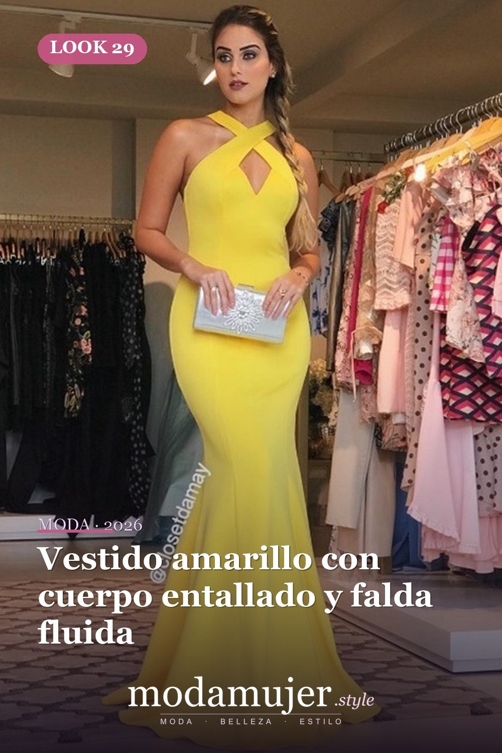 Vestido amarillo con cuerpo entallado y falda fluida — 30 largos vestidos amarillos cómodos para esta primavera