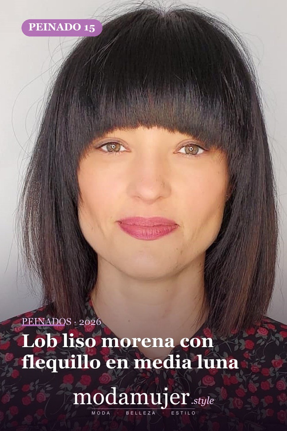 Lob liso morena con flequillo en media luna — 30 mejores estilos de cabello de longitud media con flequillo