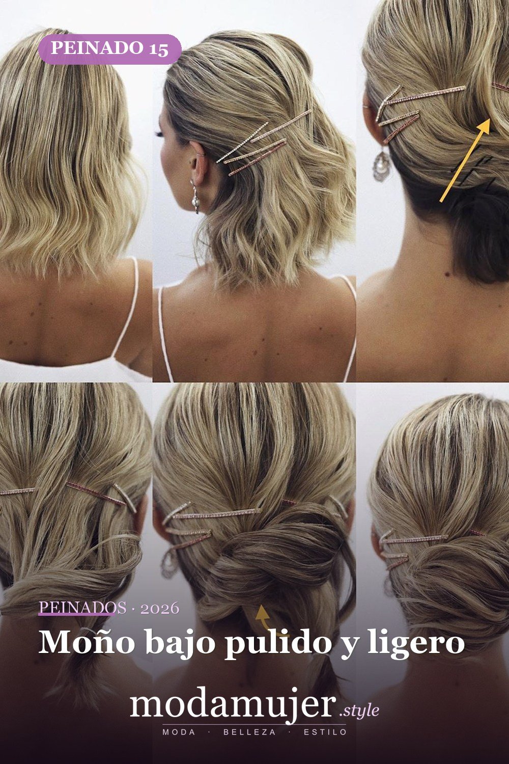 Moño bajo pulido y ligero — 30 Updos para cabello corto que te harán sentir inspirada y segura en 2026