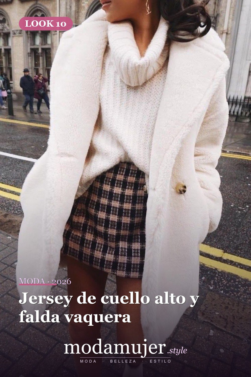 Jersey de cuello alto y falda vaquera — 31 trajes de moda casual de invierno lindos para chica adolescente 2026