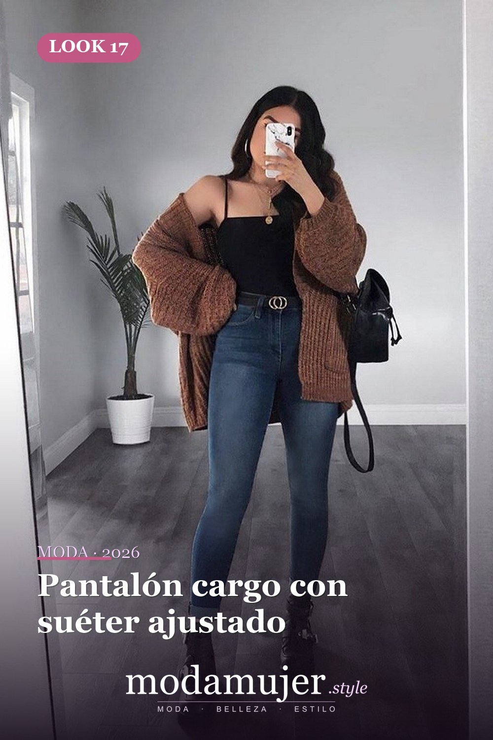Pantalón cargo con suéter ajustado — 31 trajes de moda casual de invierno lindos para chica adolescente 2026
