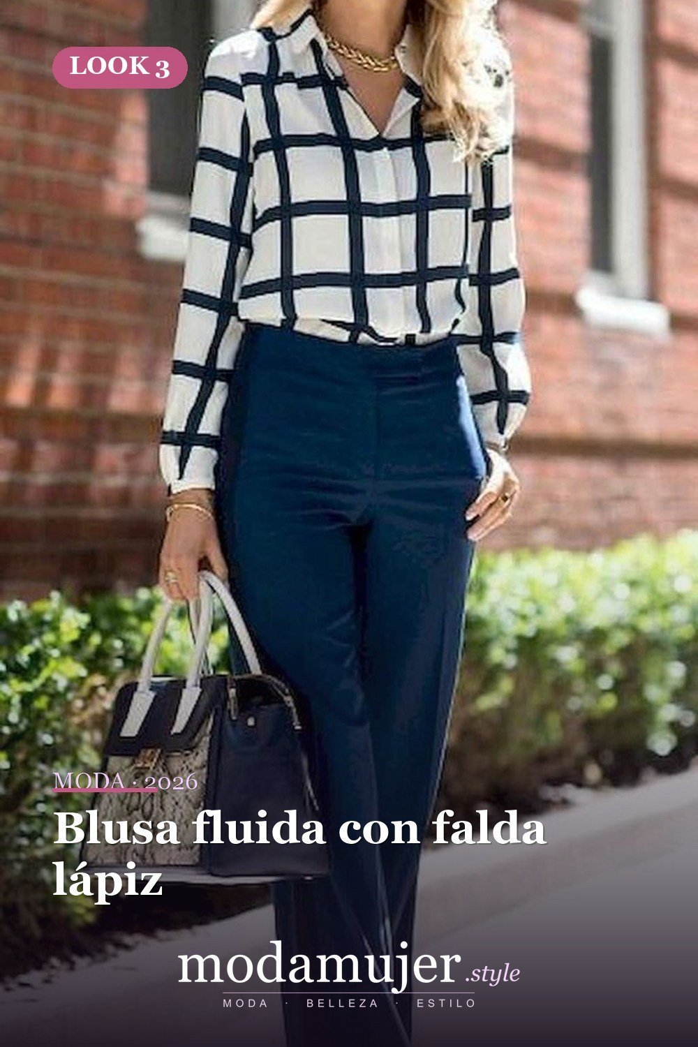 Blusa fluida con falda lápiz — 34 outfits de oficina cómodos y elegantes para mujer en 2026