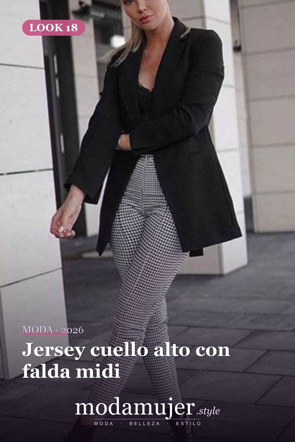 Jersey cuello alto con falda midi — 34 outfits de oficina cómodos y elegantes para mujer en 2026