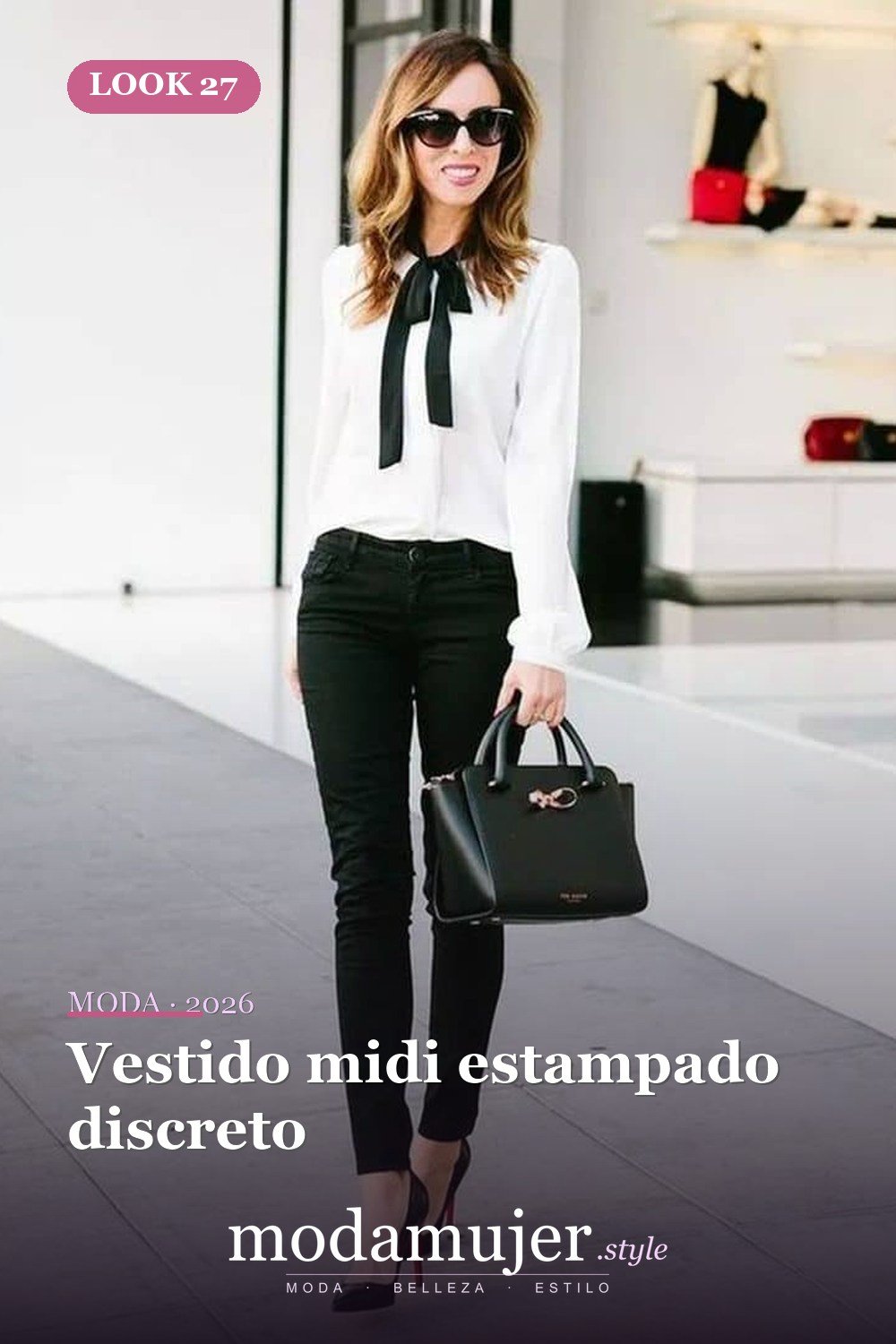 Vestido midi estampado discreto — 34 outfits de oficina cómodos y elegantes para mujer en 2026