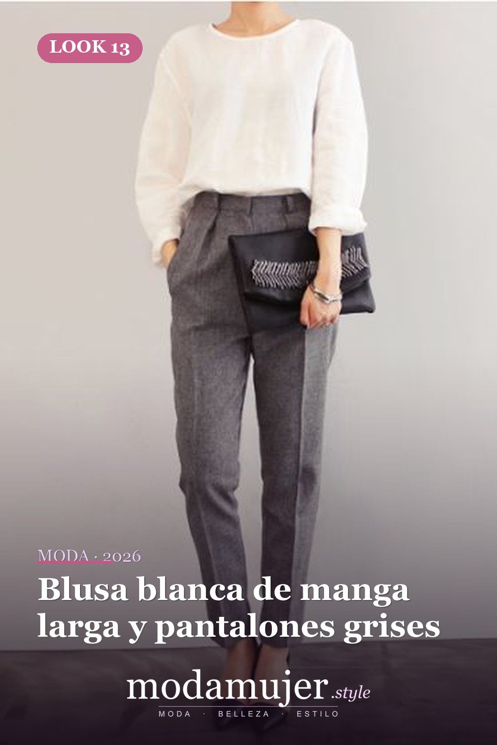 Blusa blanca de manga larga y pantalones grises — 35 atuendos de trabajo elegantes y cómodos con zapatos planos