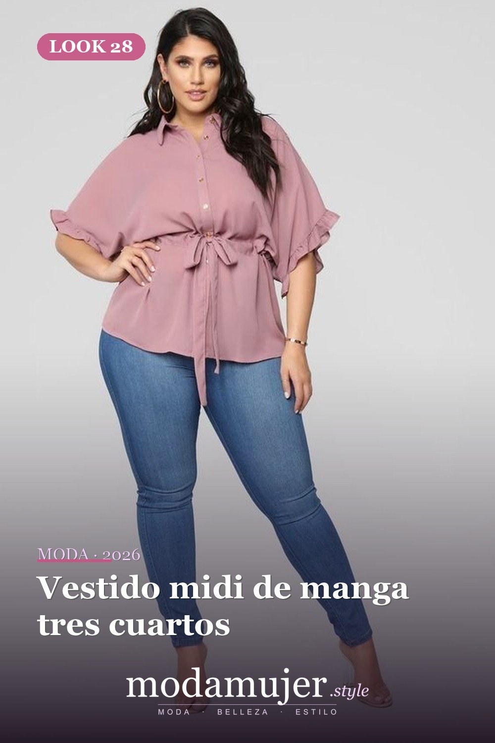 Vestido midi de manga tres cuartos — 35 ideas de trajes casuales de primavera para mujeres de talla grande