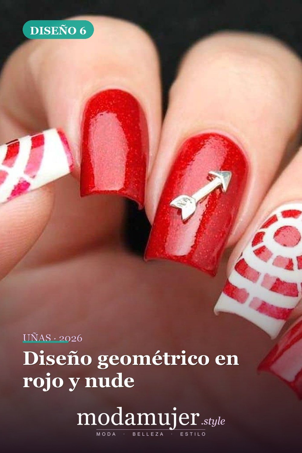 Diseño geométrico en rojo y nude — 35 ideas extraordinarias de tendencias de uñas rojas para 2026