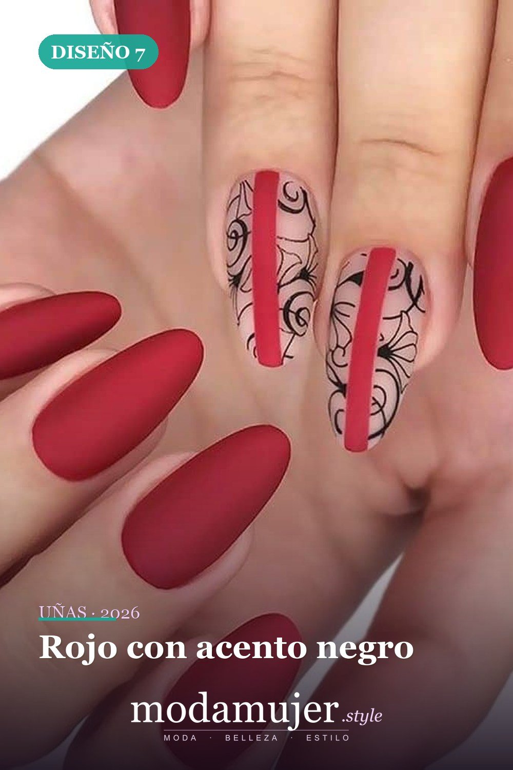 Rojo con acento negro — 35 ideas extraordinarias de tendencias de uñas rojas para 2026