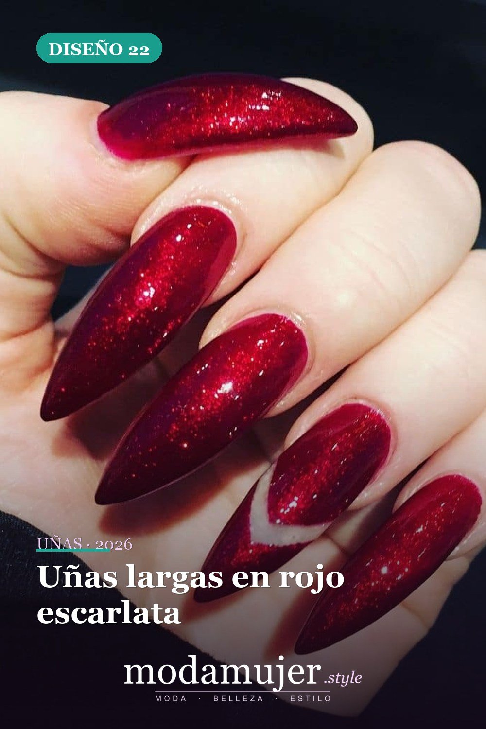 Uñas largas en rojo escarlata — 35 ideas extraordinarias de tendencias de uñas rojas para 2026