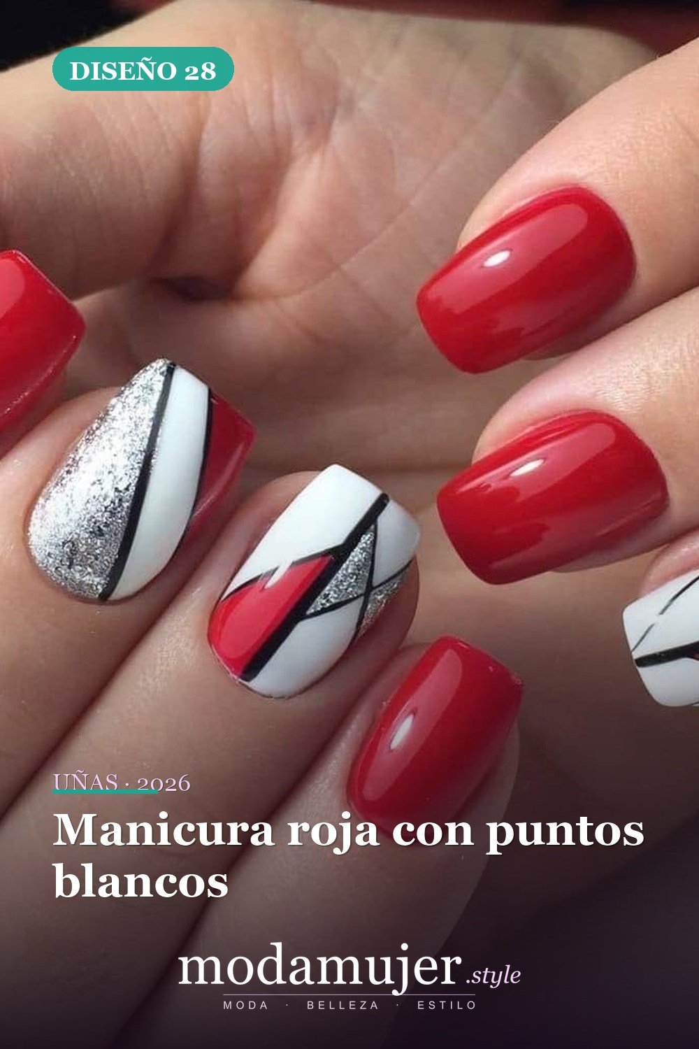 Manicura roja con puntos blancos — 35 ideas extraordinarias de tendencias de uñas rojas para 2026