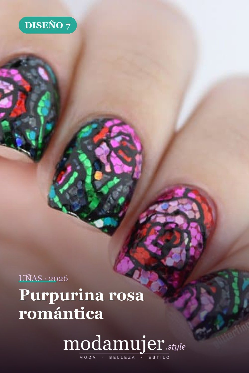 Purpurina rosa romántica — 35 increíbles diseños de uñas con brillo para 2026