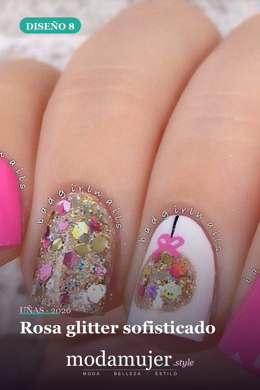 Rosa glitter sofisticado — 35 increíbles diseños de uñas con brillo para 2026