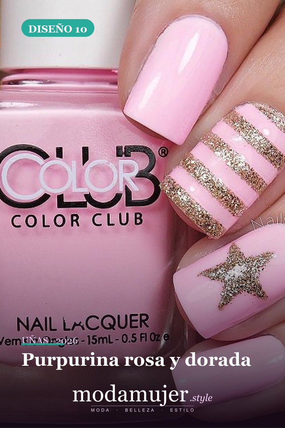 Purpurina rosa y dorada — 35 increíbles diseños de uñas con brillo para 2026